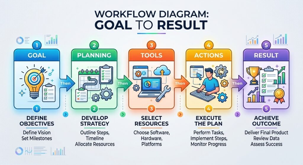 Diagram showing an AI agent using goals, planning, tools, and actions to complete a task