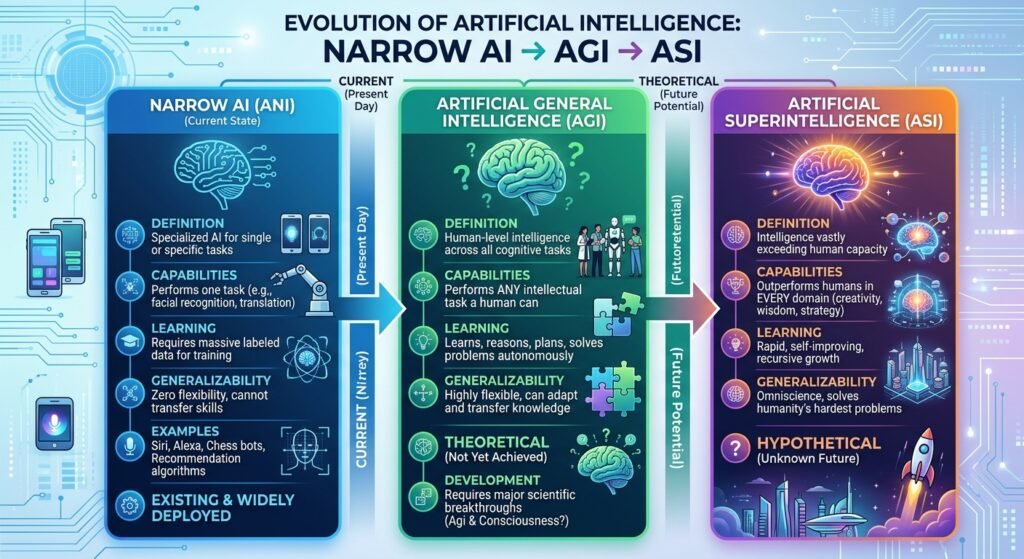 Comparison of narrow AI, artificial general intelligence, and artificial superintelligence