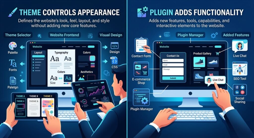 WordPress themes control design and plugins add functionality