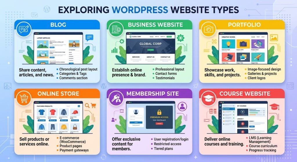 Different types of websites built with WordPress
