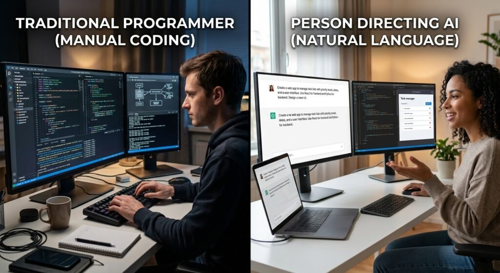 comparison of traditional coding and AI assisted vibe coding