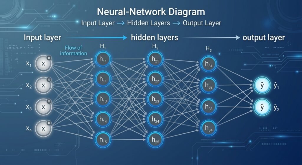 Diagram of a deep neural network with input, hidden, and output layers