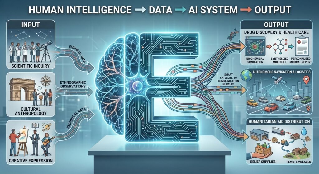 Diagram explaining artificial intelligence from human intelligence to AI output