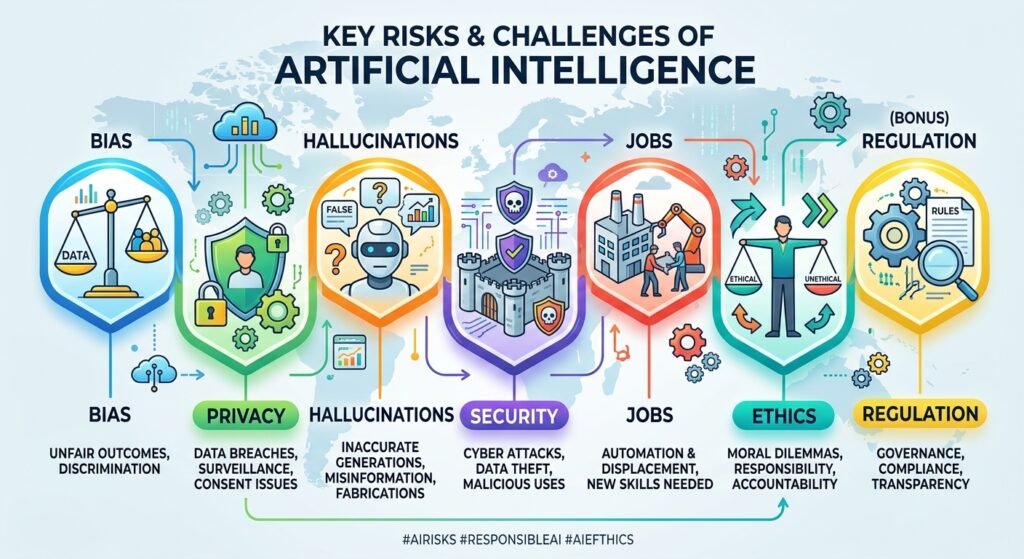 Artificial intelligence risks including bias, privacy concerns, hallucinations, security, and job changes