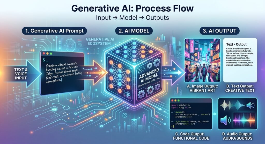 Diagram showing how generative AI turns a prompt into text, images, code, or other content