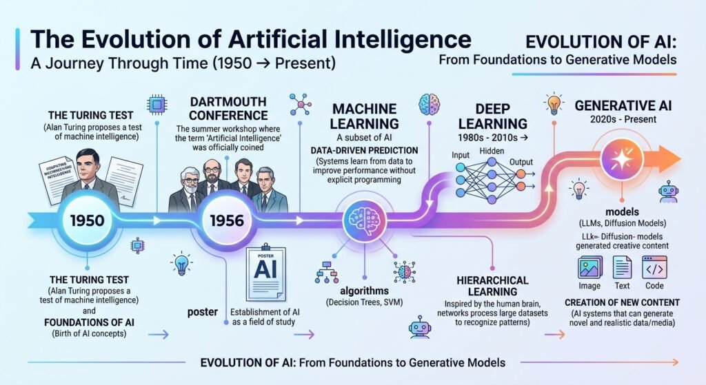 Timeline showing major artificial intelligence milestones from early AI research to generative AI