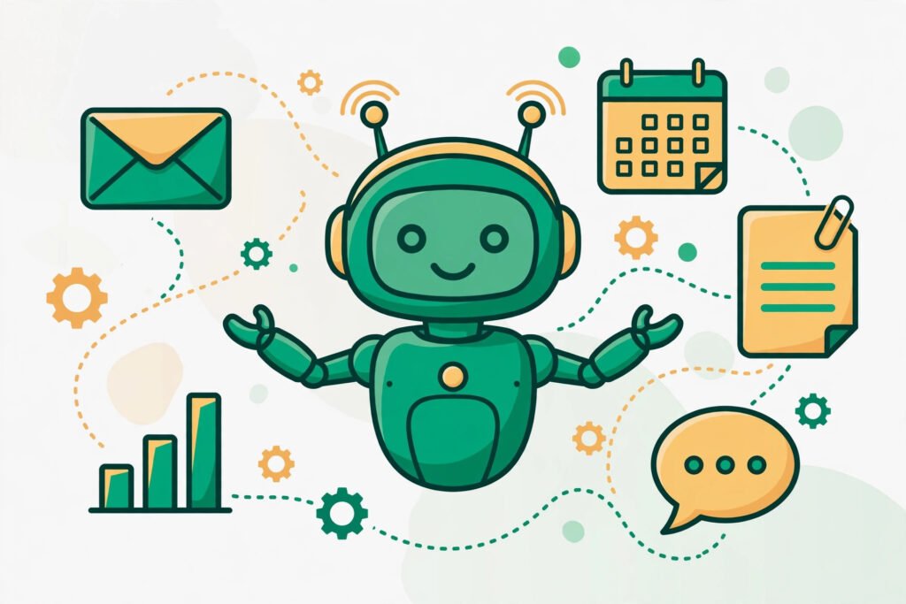 AI automation concept illustration showing an AI assistant orchestrating automated workflows between apps