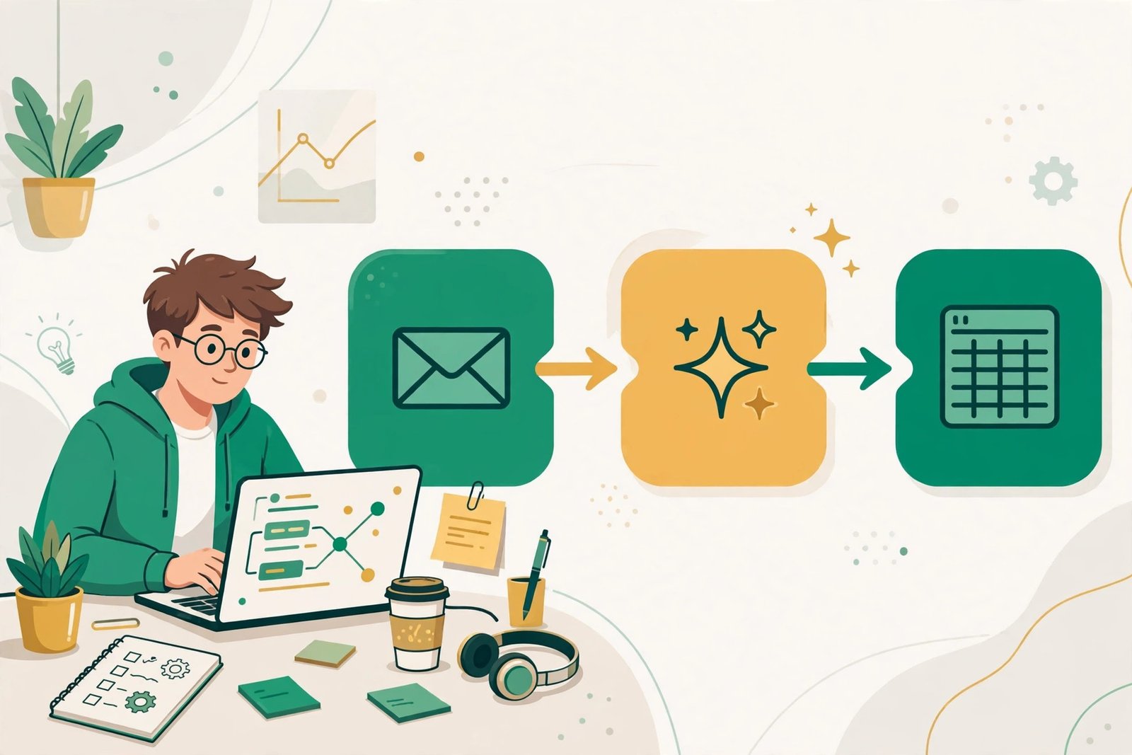 Beginner building their first AI automation workflow connecting email to a task list