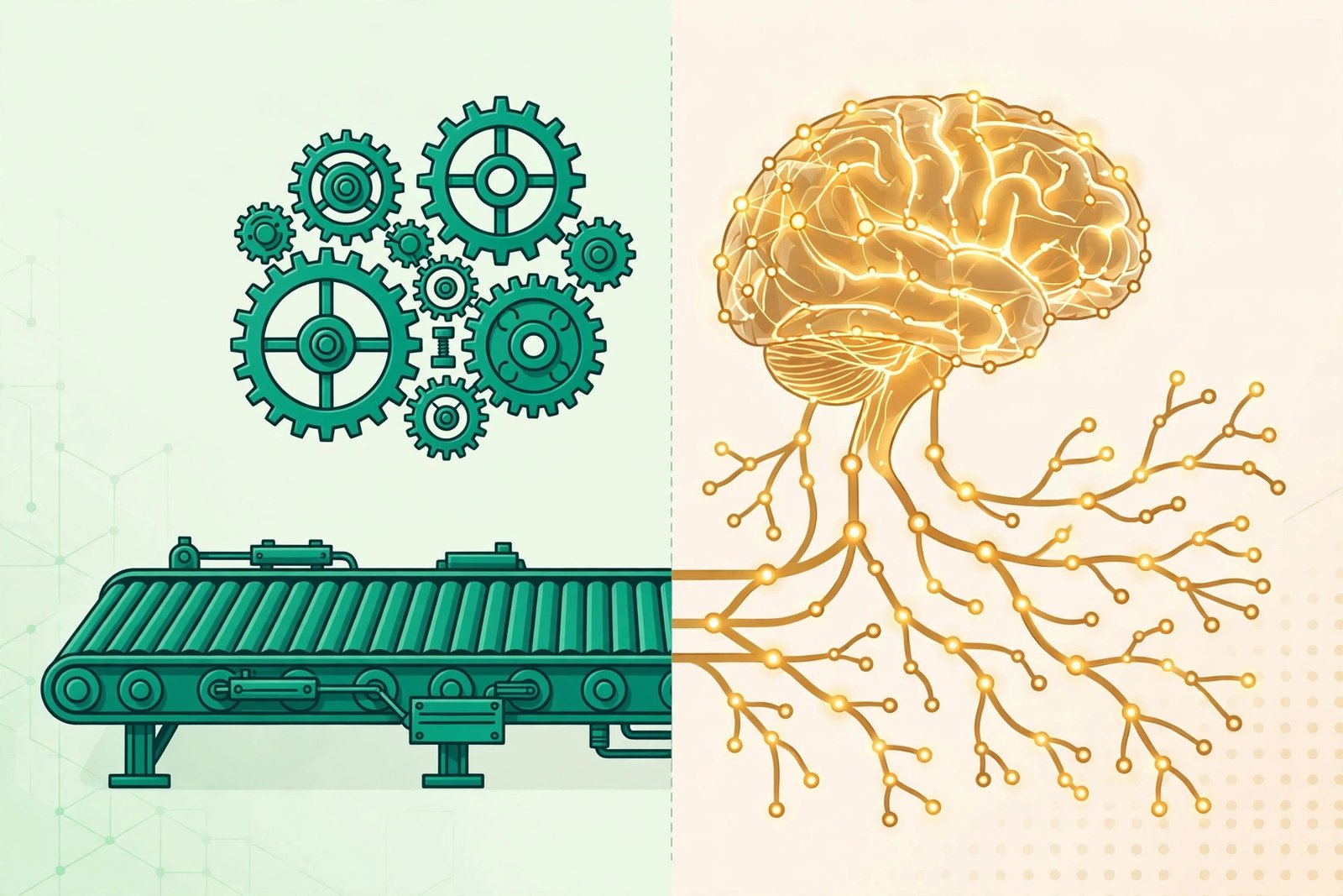 Comparison illustration of traditional rule-based automation versus adaptive AI automation