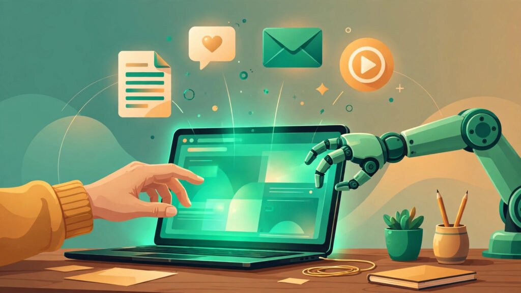AI content creation illustration showing a writer and AI collaborating on blog, social, and video content