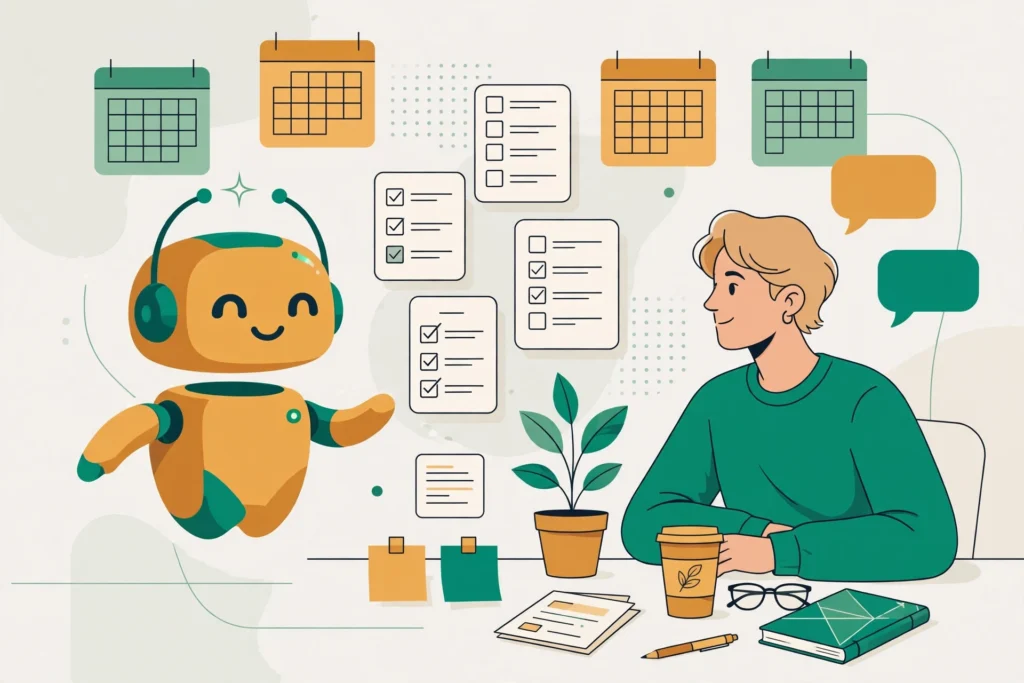 Illustration showing how to use AI for everyday productivity with an AI assistant organizing daily tasks