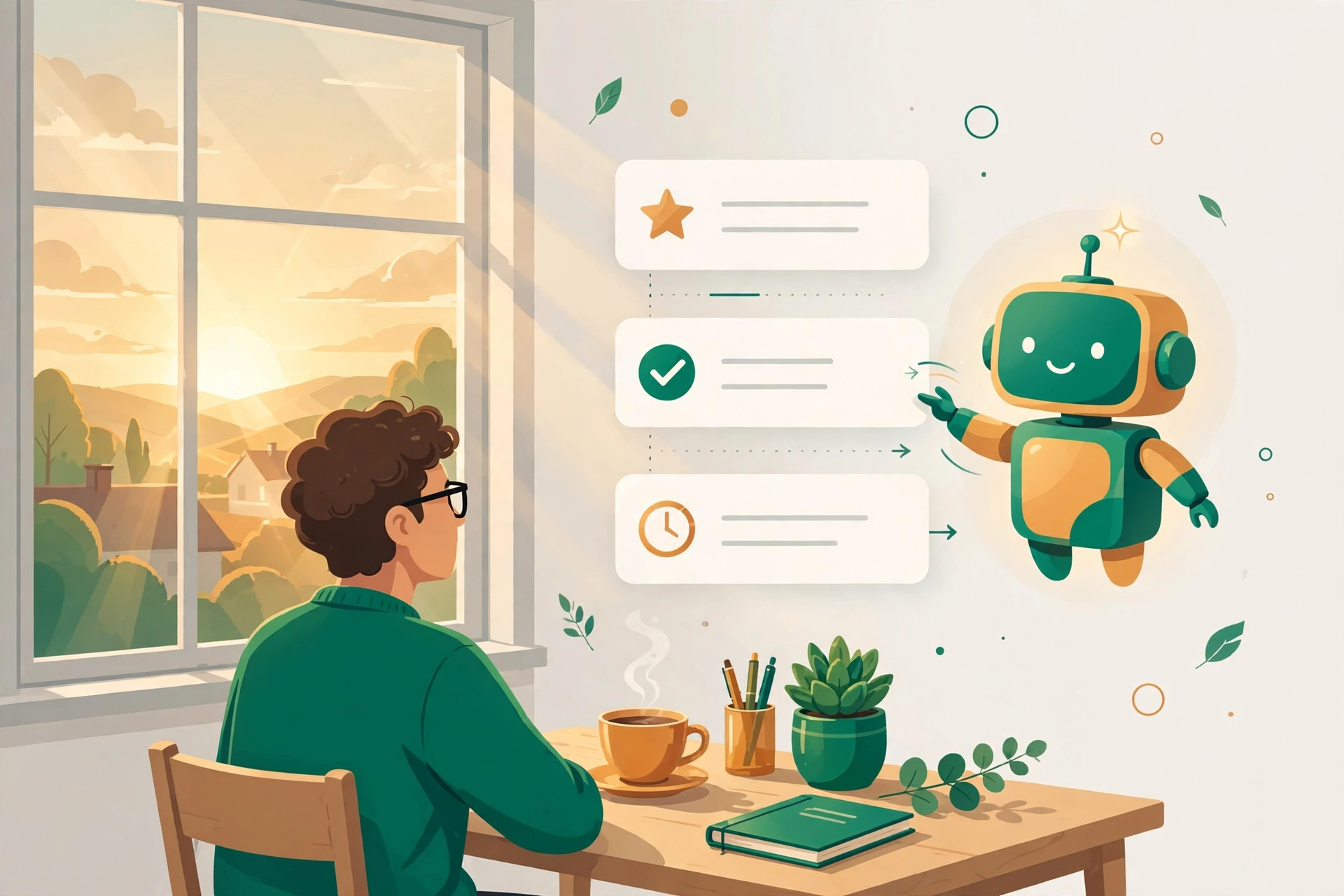 Flat illustration of an AI-assisted morning planning routine with a prioritized task list