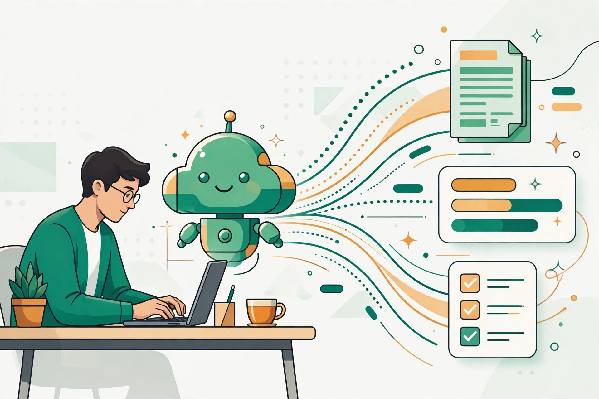 Illustration of AI prompts turning simple input into organized documents and checklists