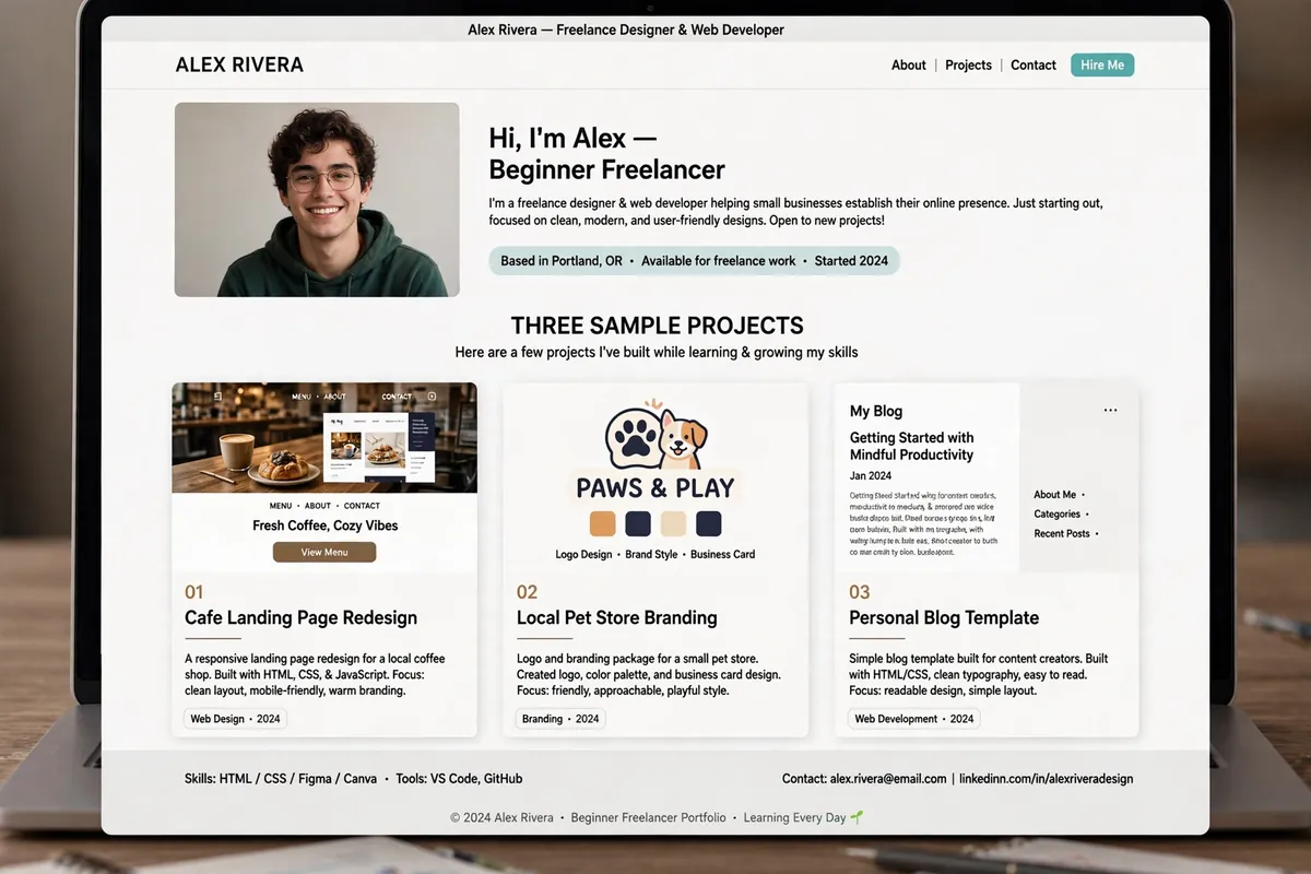 Example of a beginner freelance portfolio with sample projects