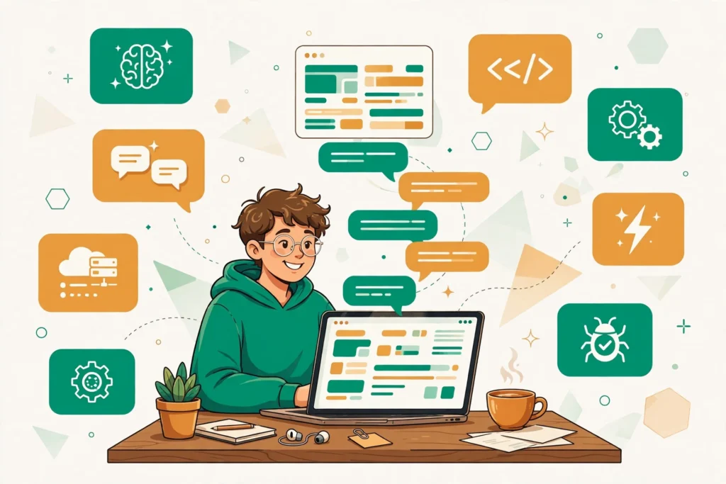 Best AI tools for vibe coding beginners illustrated with a beginner building an app from AI chat prompts