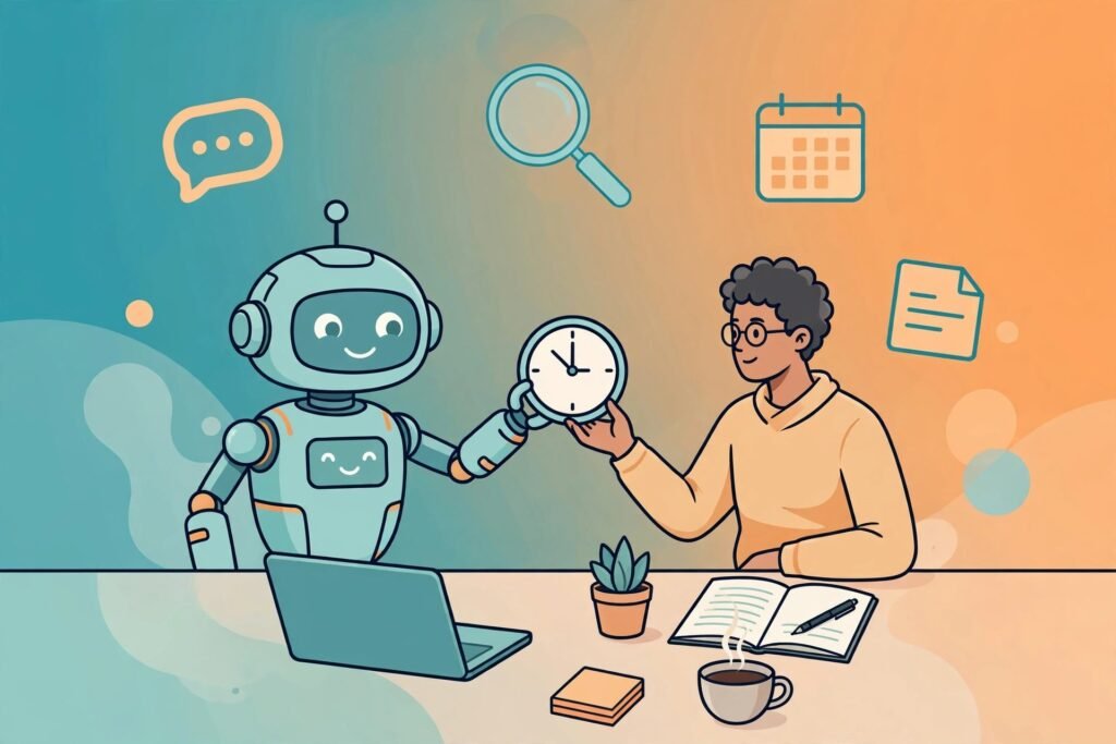 Practical AI tools that save time - flat illustration of an AI assistant handing back time