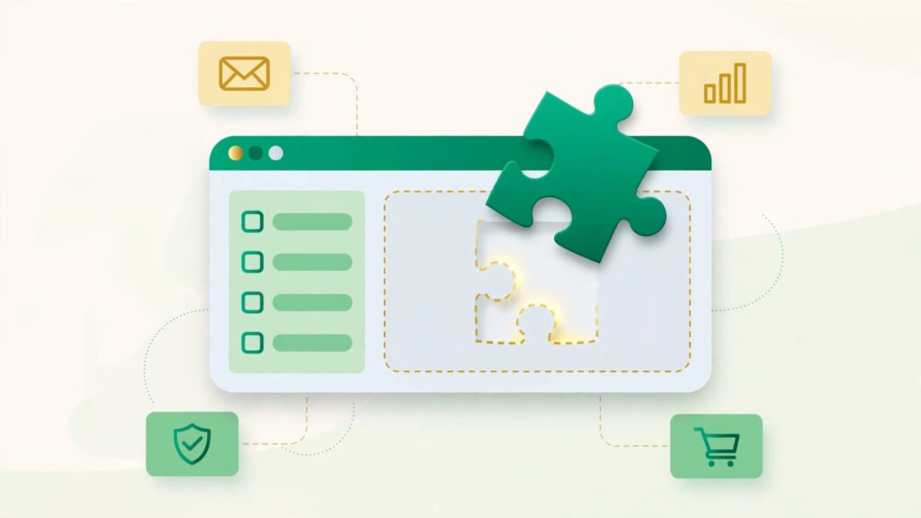 Illustration showing how to install WordPress plugins, with a plugin puzzle piece being added to a WordPress dashboard