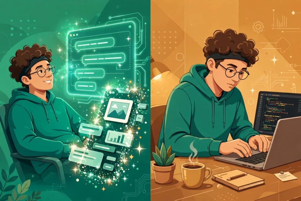 Vibe coding vs traditional coding comparison — AI chat building an app versus a developer typing code