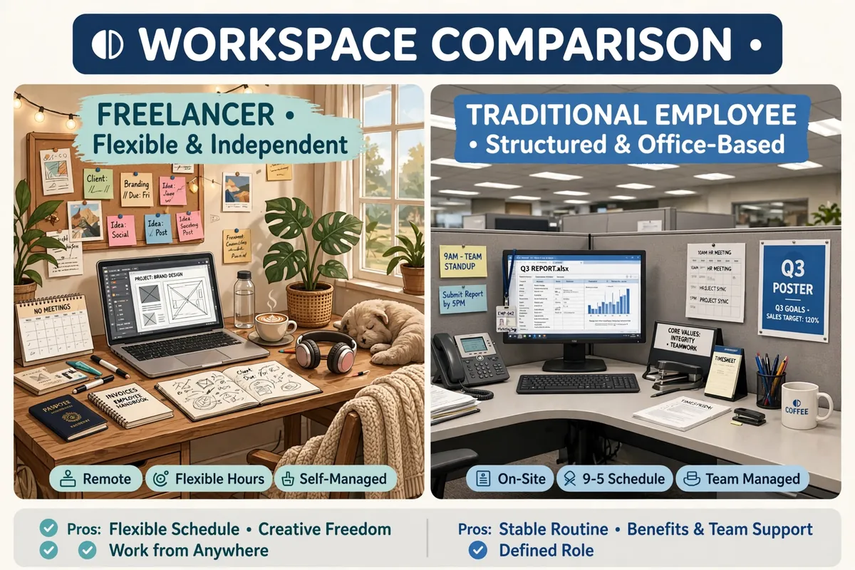 Freelancing vs full-time job comparison of work arrangements