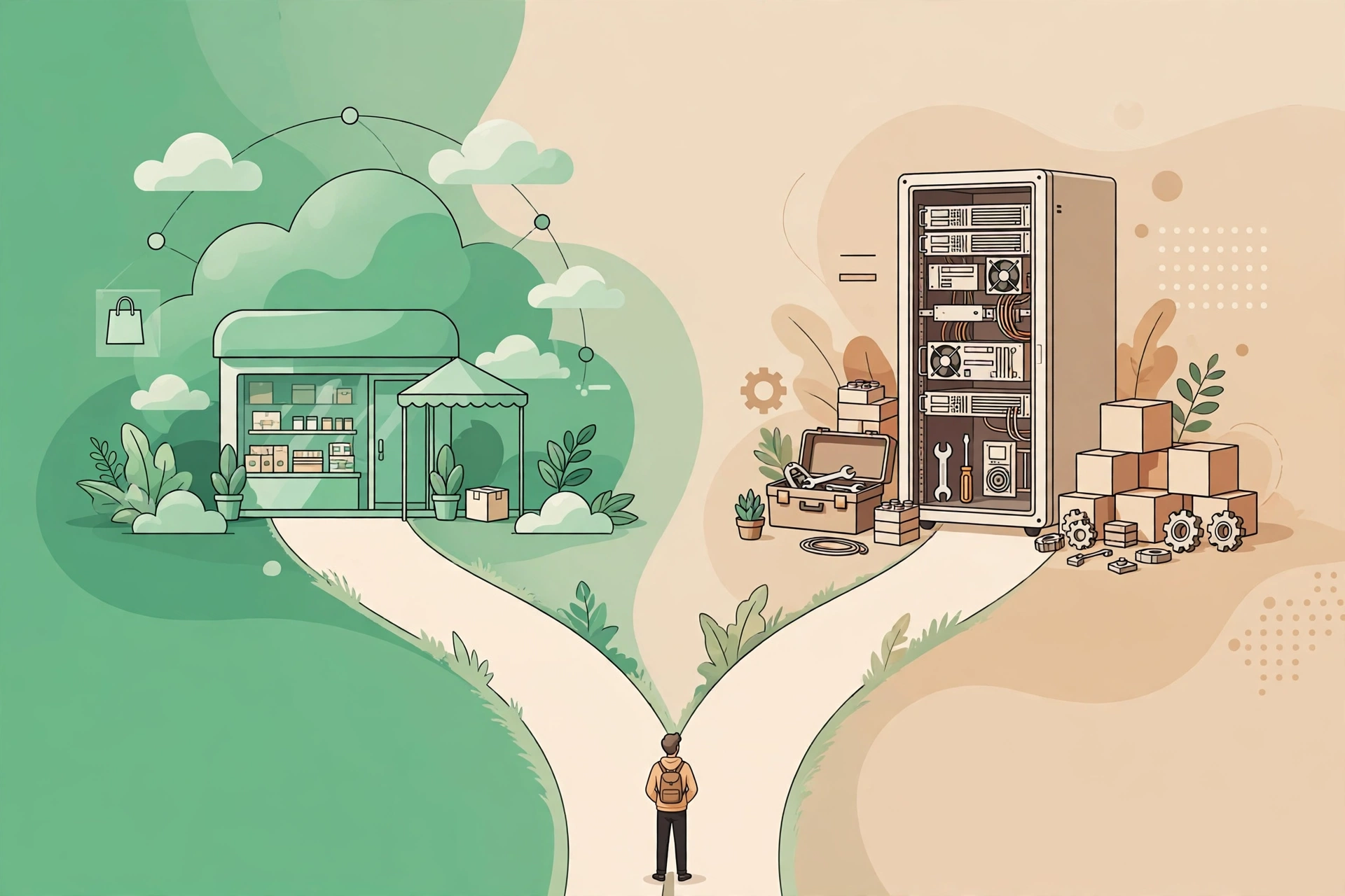 Flat illustration comparing WordPress.com vs WordPress.org as two paths for creating a website