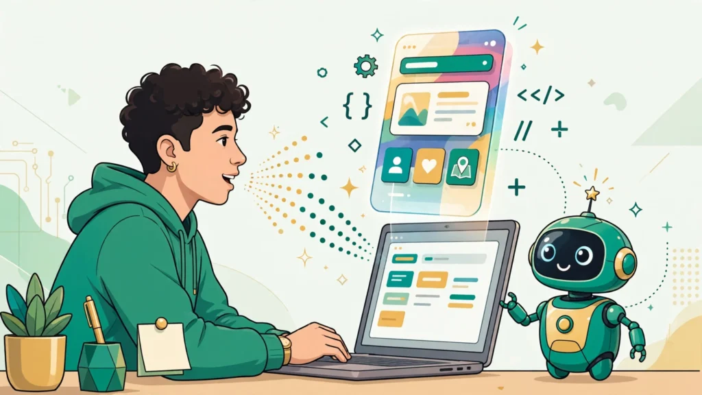 Beginner learning how to start vibe coding with AI, describing an app idea while an AI assistant builds the app on screen