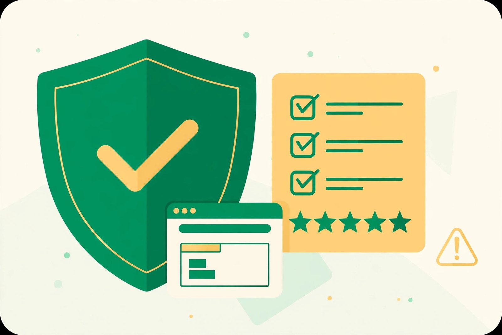 Safety checklist for choosing a secure WordPress plugin, with a shield, checkmarks, and star ratings