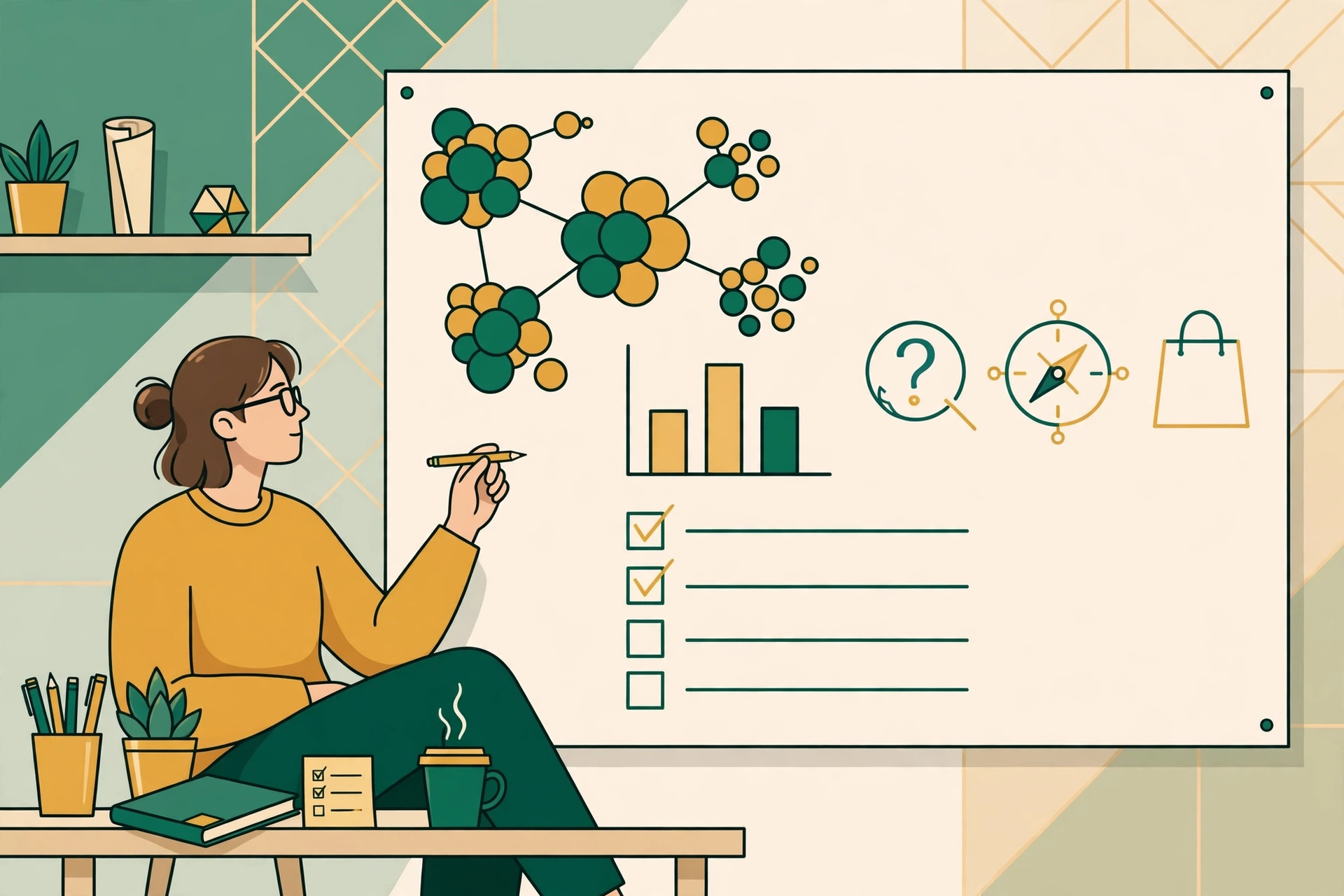 Illustration of keyword research planning with keyword clusters charts and a checklist for SEO