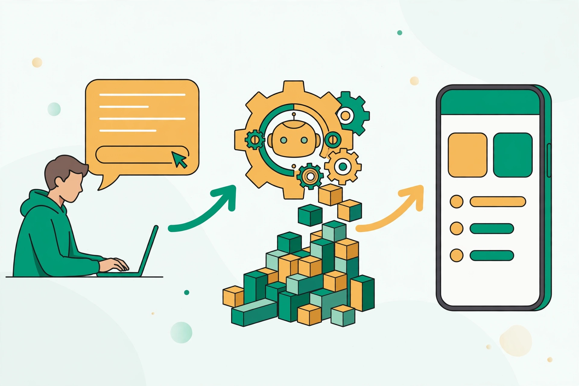 Vibe coding workflow — describing an idea in plain words and AI generating the app