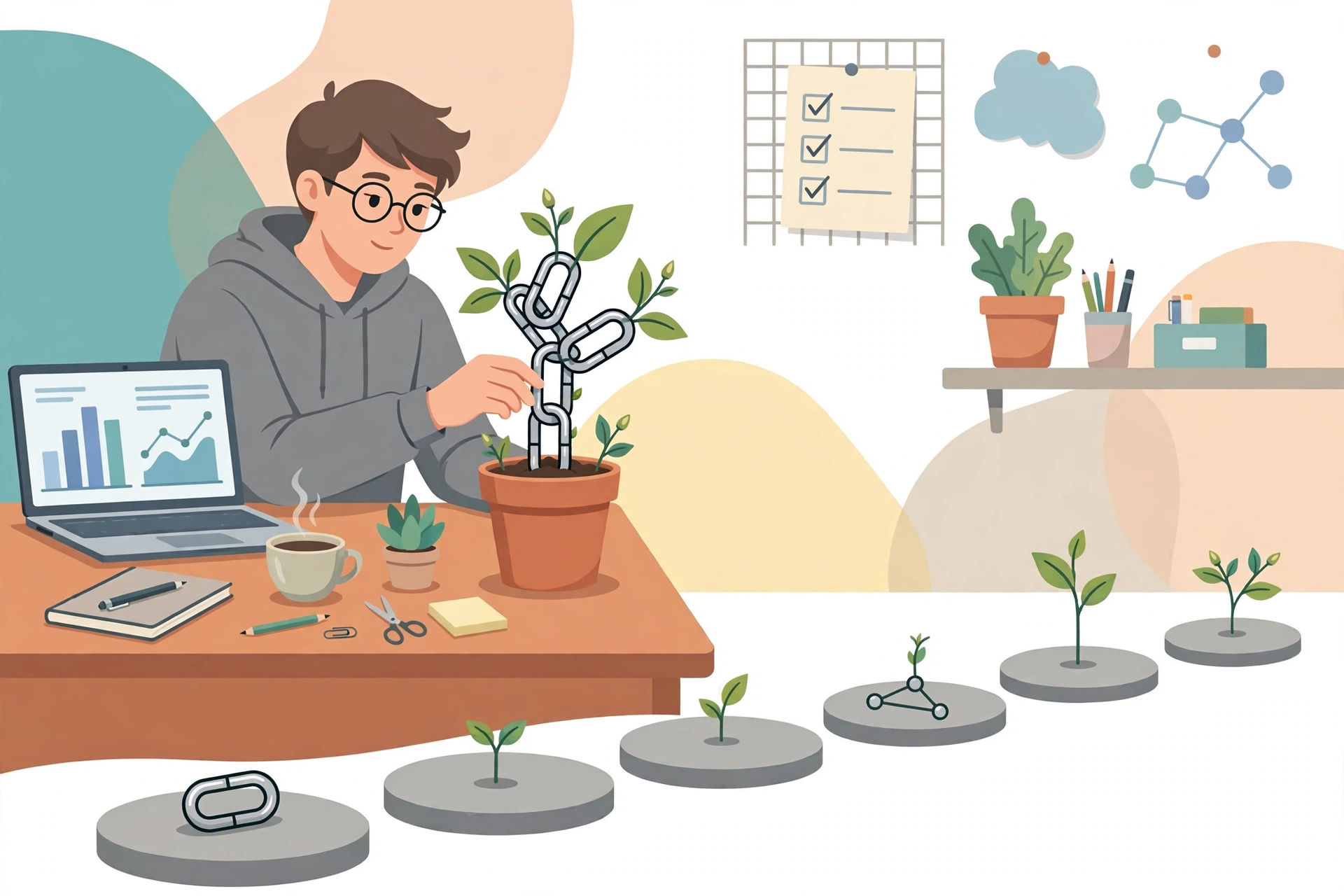 Beginner link building plan shown as growing link chains