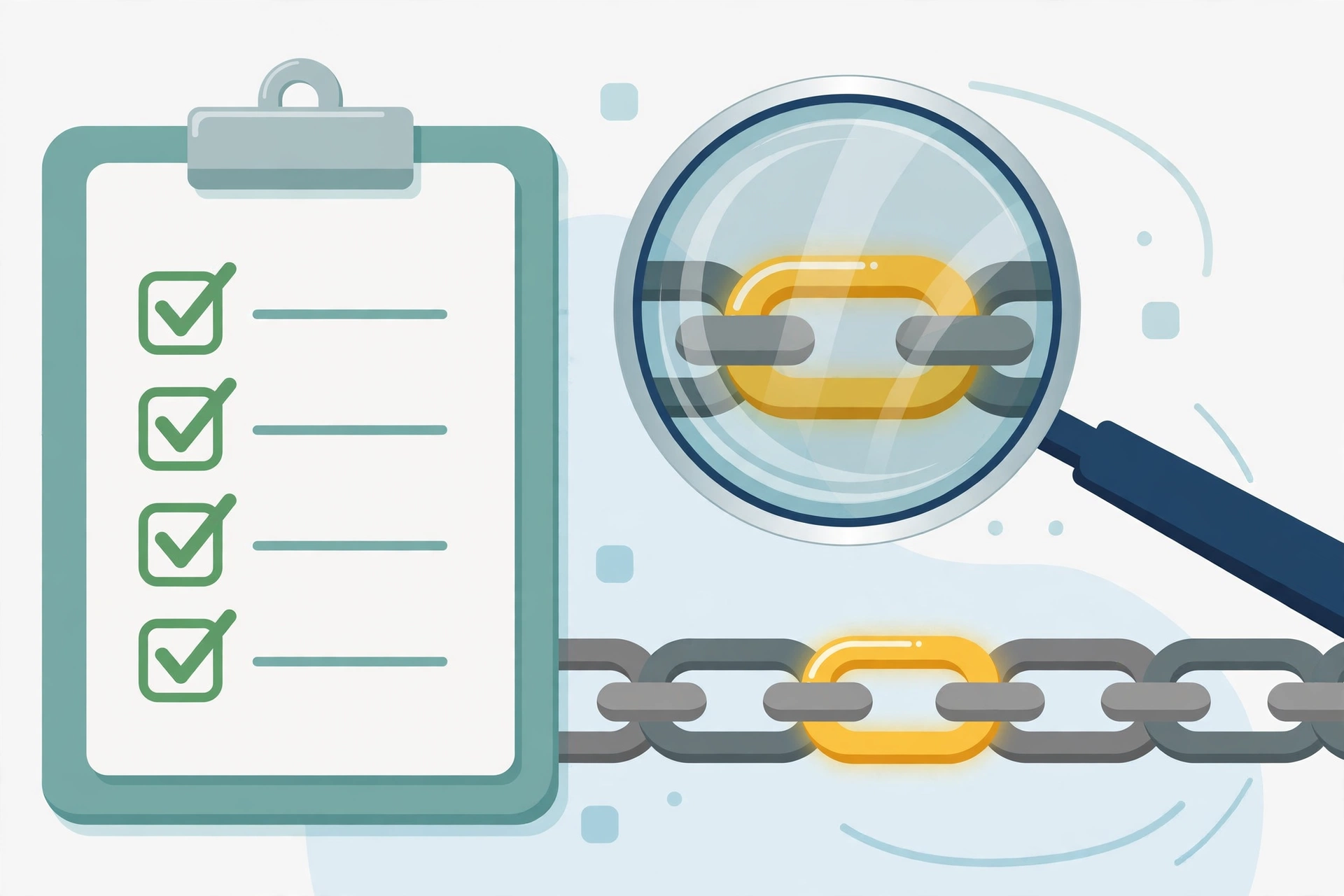 Checking backlink quality with a checklist and magnifying glass